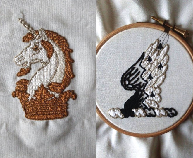 Crests for Mackworth-Praed, embroidered by M. L. Mackworth-Praed, 2015.