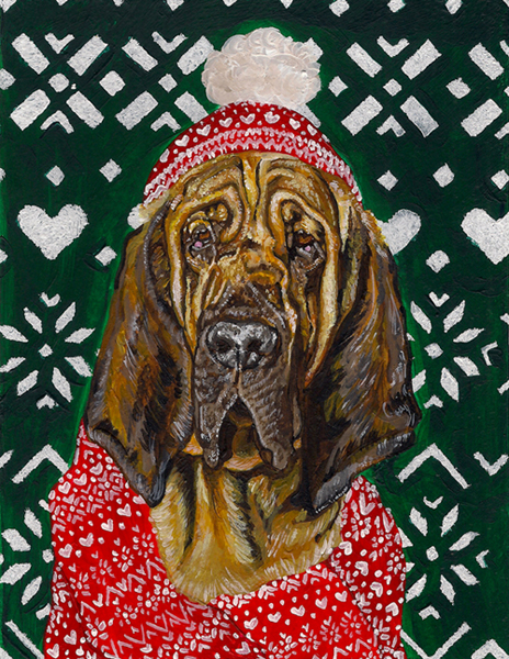 An acrylic painting of a bloodhound wearing a winter hat.