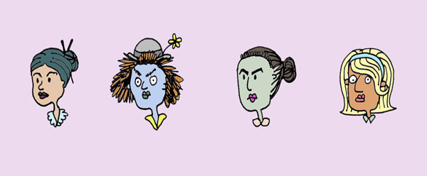 Four cartoon heads on a pink background.
