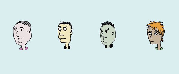 Four cartoon heads on a blue background.