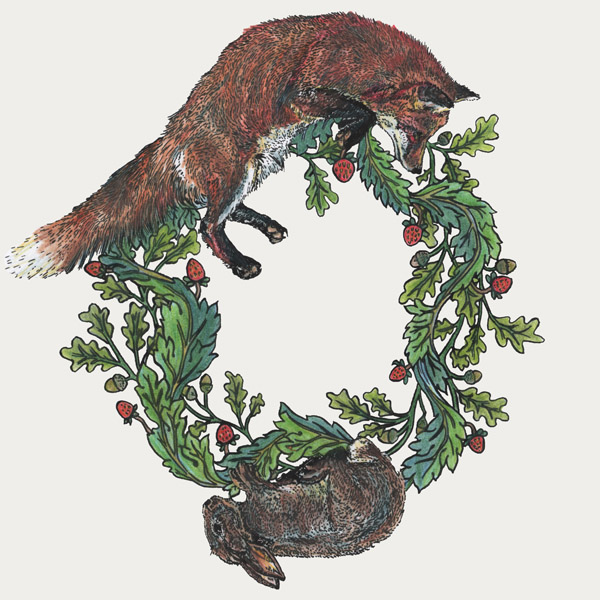 A pen and pencil drawing of a fox and a rabbit chasing each other on a wreath.