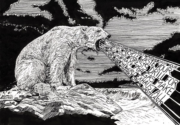 A black pen drawing of a polar bear sounding a climate warning.