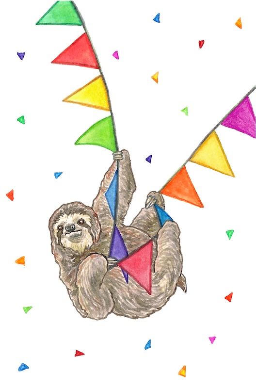 A colourful pen and pencil drawing of a sloth hanging from bunting.