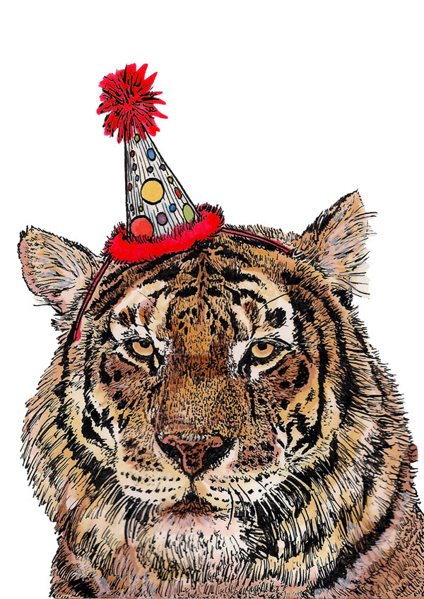 Tiger wearing a party hat, pen and ink.